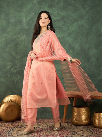 Varanga Zari-Embroidered Kurta Paired With Solid Trousers And A Tonal Dupatta .
